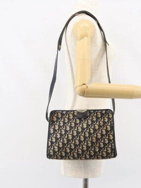 Christian Dior Trotter Canvas Shoulder Bag Navy Gold Auth 158697